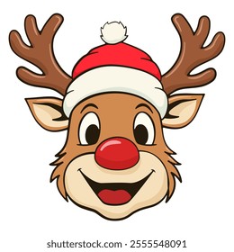 Reindeer with red nose and hat. Cartoon illustration