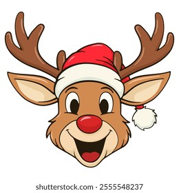 Reindeer with red nose and hat. Cartoon illustration