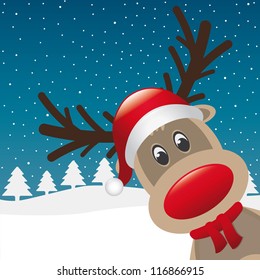 reindeer red nose and hat scarf landscape