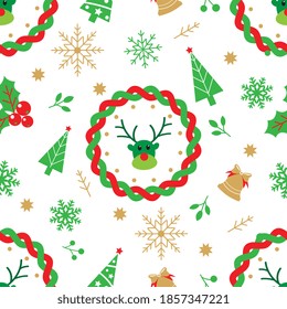 Reindeer with red nose in round frame rope spiral, golden bells, and snowflakes. Floral seamless pattern, Merry Christmas concept for gift wrapping paper and all materials.  Flat design illustration