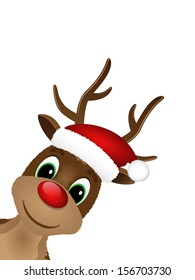 Reindeer with red nose and Santa hat. Vector illustration.