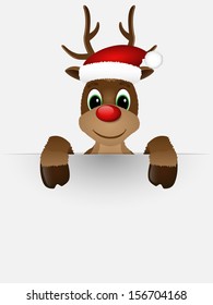 Reindeer with red nose and Santa hat. Vector illustration.