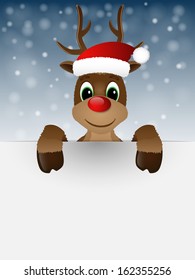 Reindeer with red nose and Santa hat. Vector illustration. 