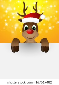 Reindeer with red nose and Santa hat. Vector illustration. 