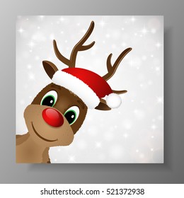 Reindeer with red nose and Santa hat. Christmas greeting card. Vector illustration.