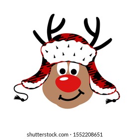 Reindeer with red nose vector design. Buffalo plaid art. Christmas baby.  Deer wall art. Isolated on transparent background. 