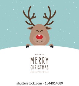 Reindeer red nosed cute cartoon with greeting snowy background. Christmas card
