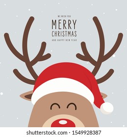 Reindeer red nosed cute cartoon with greeting banner snowy background. Christmas card