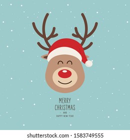 Reindeer red nosed cute cartoon head with greeting winter snowy background. Christmas card