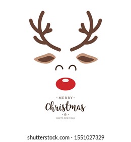 Reindeer red nosed cute close up face with greetings isolated white background. Christmas card