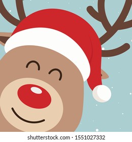 Reindeer red nosed cute close up cartoon with santa hat snowy background. Christmas card
