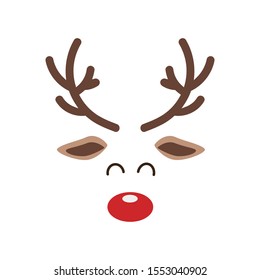 Reindeer red nosed cute close up face isolated white background. Christmas card