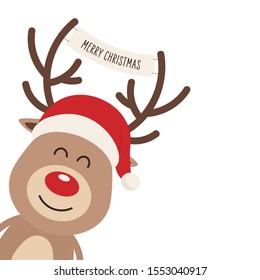 Reindeer red nosed cute close up cartoon with santa hat and greeting banner between horns white isolated background. Christmas card