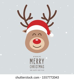 Reindeer red nosed cute close up cartoon with santa hat and greeting snowy background. Christmas card