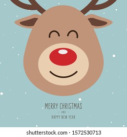 Reindeer red nosed cute close up head cartoon face snowy background. Christmas card