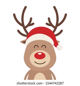 Reindeer red nosed cute smile cartoon with santa hat isolated white background. Christmas card