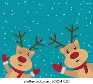 Reindeer red-nosed cute cartoon with greeting banner snowy winter background. Christmas card. Vector illustration.