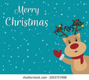 Reindeer red-nosed cute cartoon with greeting banner snowy winter background. Christmas card. Vector illustration.