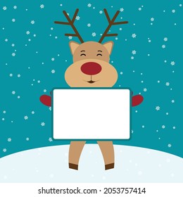 Reindeer red-nosed cute cartoon with greeting banner snowy winter background. Christmas card. Vector illustration.