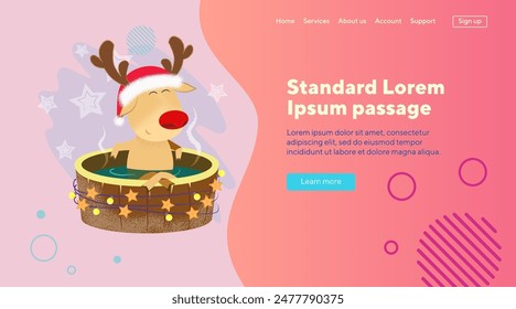 Reindeer relaxing in barrel bath vector illustration. Spa, procedure, hot tub. Hygiene, Christmas, winter holiday concept can be used for banner, website design, landing page