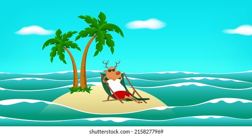Reindeer resting on desert island in deck chair. Vector illustration.