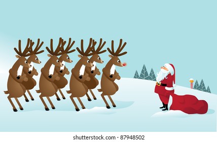 Reindeer Revolt, confronting Santa Claus. This year, it's his turn to pull the sleigh. EPS 8 vector, grouped for easy editing.