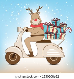 Reindeer ride the scooter with christmas gift boxs on snow background. 