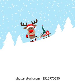 Reindeer Rides Ski With Sleigh Downhill In The Forest Snow Blue