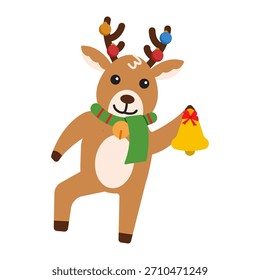 Reindeer Ringing Christmas Bell. Vector Illustration