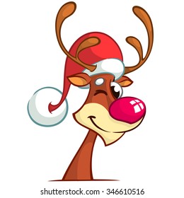 Reindeer Rudolph red nose in Santa Claus hat winking  Vector cartoon