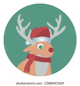 Reindeer Rudolph with red nose wearing Xmas hat. Vector drawing of Christmas reindeer inside a green ball.