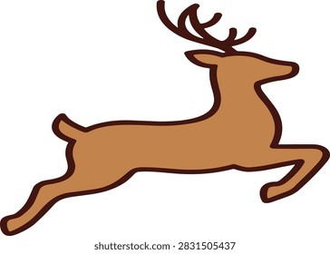 Reindeer running flat vector illustration icon, cute brown Christmas deer jumping clip art for festive holiday decoration, winter season design element isolated on white background, Xmas animal symbol