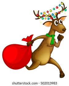 Reindeer running with red bag illustration