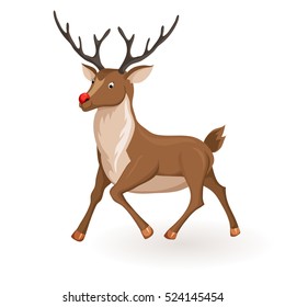 Reindeer runs or fly Christmas vector illustration. Galloping deer with red nose. Cartoon profile animal. Xmas holiday icons