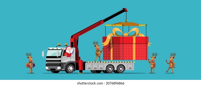 Reindeer and Santa bring a giant gift box truck to the recipient. Merry Christmas concept cutout element for Holiday cards, invitations and website celebration decoration.