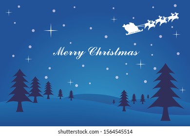 Reindeer and Santa Claus Christmas cards flying through the forest with blue background