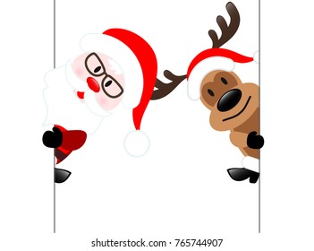 Reindeer & Santa Claus Diagonal Banner on White, Stock Vector Illustration