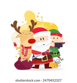 Reindeer, Santa Claus and elf taking selfie together. Friends, photographing, joy. Can be used for topics like Christmas, social media, party