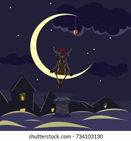 
reindeer in santa claus hat sitting on the horn of the moon in the night sky above the roof, christmas