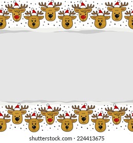 Reindeer in Santa Claus hats in regular rows Christmas winter holidays seamless pattern on white background with blank torn paper with place for your text horizontal border