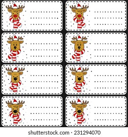 Reindeer in Santa Claus hats and scarfs Christmas winter holidays white gift label sticker set isolated on dark background