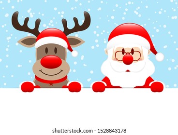 Reindeer And Santa Claus Holding Banner Snow Blue