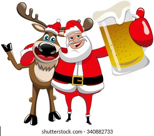 Reindeer and Santa Claus hugging and holding beer mug isolated