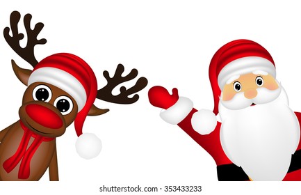 Reindeer and Santa Claus on the side of a white background