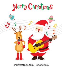 Reindeer And Santa Claus Singing And Playing Guitar, Merry Christmas, Xmas, Happy New Year, Objects, Animals, Festive, Celebrations