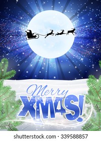 Reindeer and Santa Claus in the sky. Christmas background with snow and christmas tree. Vector text merry xmas for cards, advertising banners, illustrations. The image of the new year holiday.