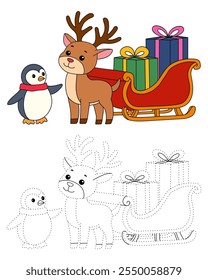 Reindeer with Santa claus sleigh full of gifts coloring page. Santa claus sleigh full of gifts and his reindeer. Holiday seasons worksheet printable for kids. Christmas worksheet.