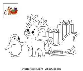 Reindeer with Santa claus sleigh full of gifts coloring page. Santa claus sleigh full of gifts and his reindeer. Holiday seasons worksheet printable for kids. Christmas worksheet.