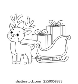 Reindeer with Santa claus sleigh full of gifts coloring page. Santa claus sleigh full of gifts and his reindeer. Holiday seasons worksheet printable for kids. Christmas worksheet.