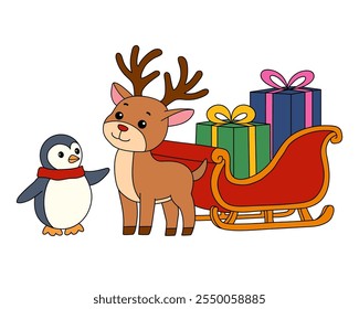 Reindeer with Santa claus sleigh full of gifts coloring page. Santa claus sleigh full of gifts and his reindeer. Holiday seasons worksheet printable for kids. Christmas worksheet.